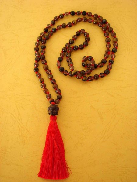 Tiger's Eye, Smoky Quartz and Guru Bead Buddha Necklace - Tradicional Style